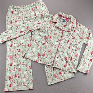 MukLuks Christmas Cat Pajama Set Green Red Holiday Button Front Lounge Sleepwear